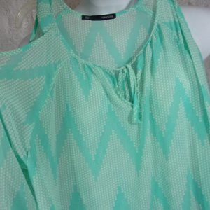 Maurice Aqua Green Print Cold Shoulder Top Blouse NWOT